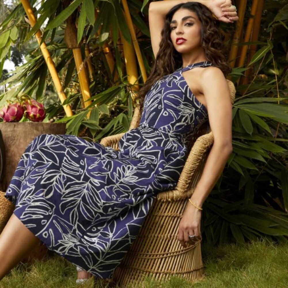 Mango Navy Blue Floral Halter Midi Dress